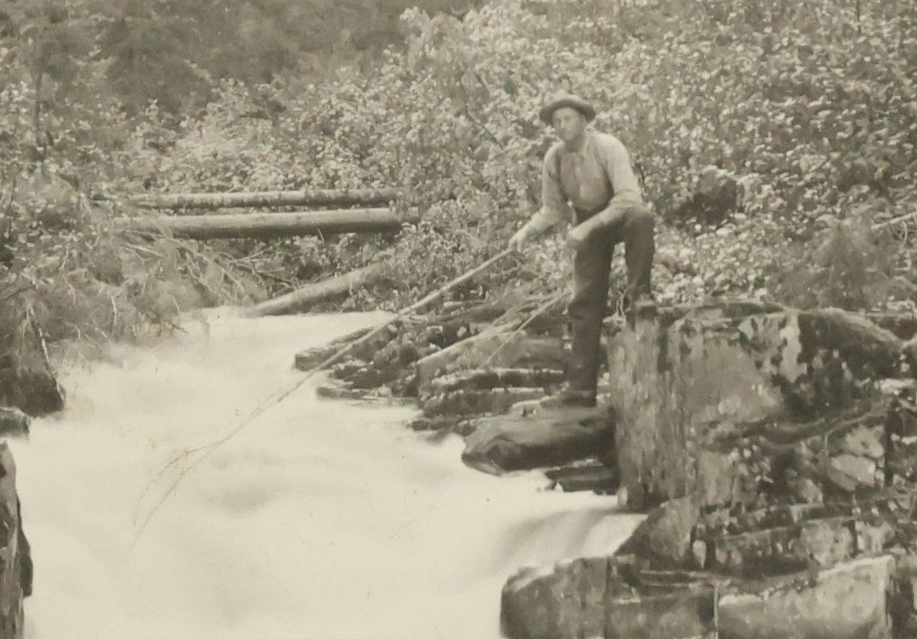 Lot 095 - Antique Real Photo Postcard R.P.P.C. Of Fisherman Fishing In A Raging River