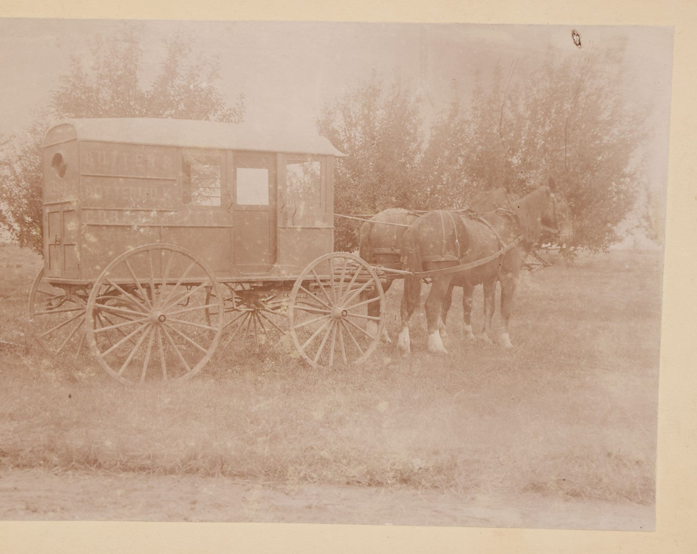Lot 085 - Antique Boarded Photograph Of Horsedrawn Delivery Wagon Advertising Butter, Buttermilk, Corn, And Crackers