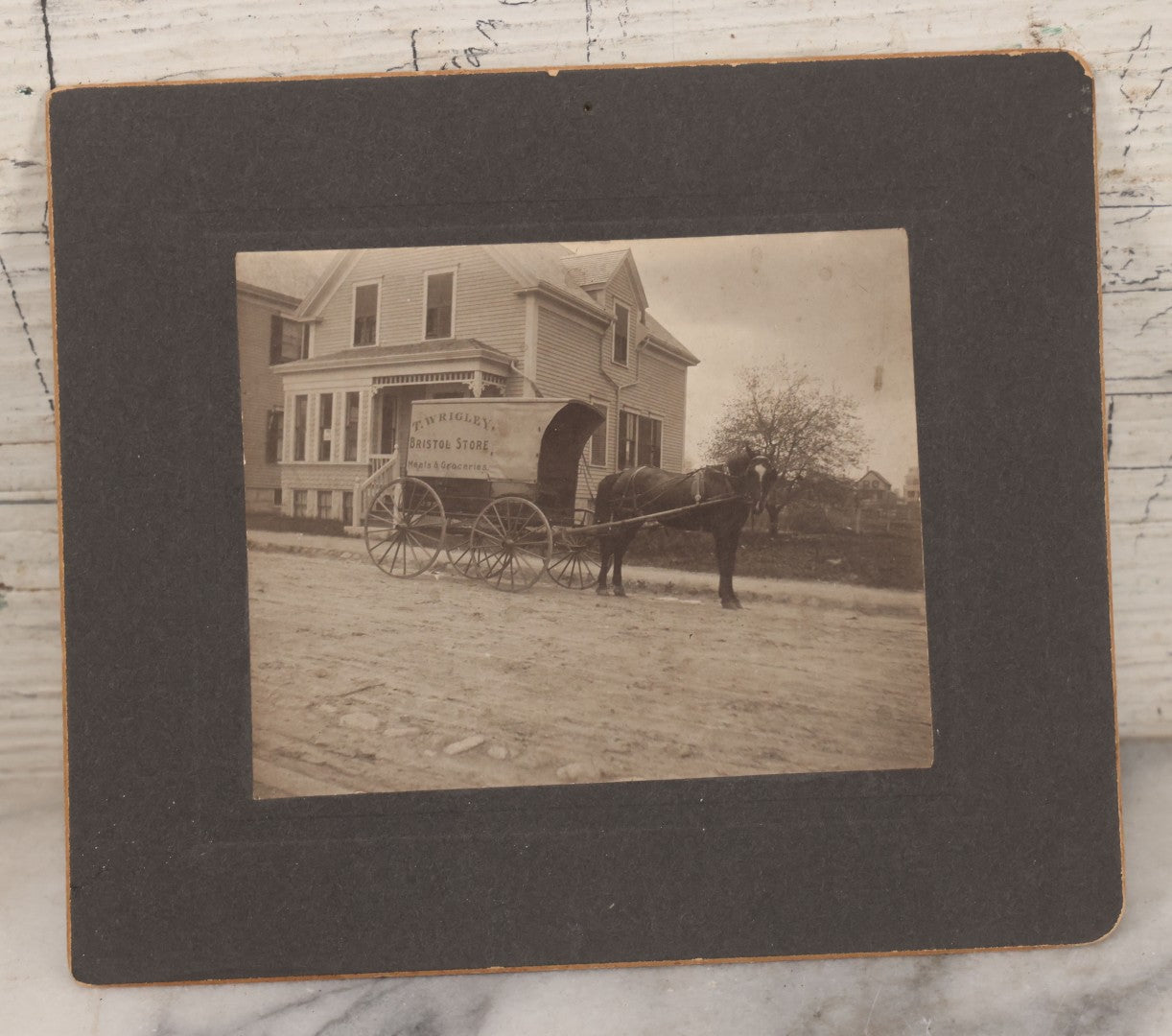 Lot 086 - Antique Boarded Photograph Of Horsedrawn Delivery Wagon Advertising T. Wrigley Bristol Store Meats & Groceries