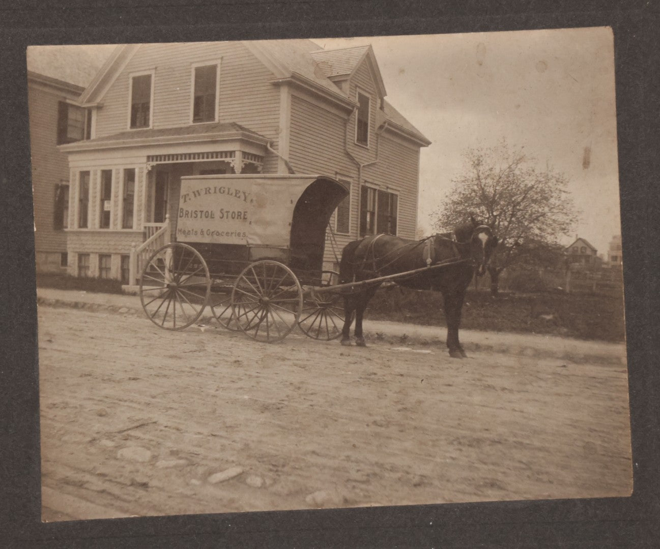 Lot 086 - Antique Boarded Photograph Of Horsedrawn Delivery Wagon Advertising T. Wrigley Bristol Store Meats & Groceries