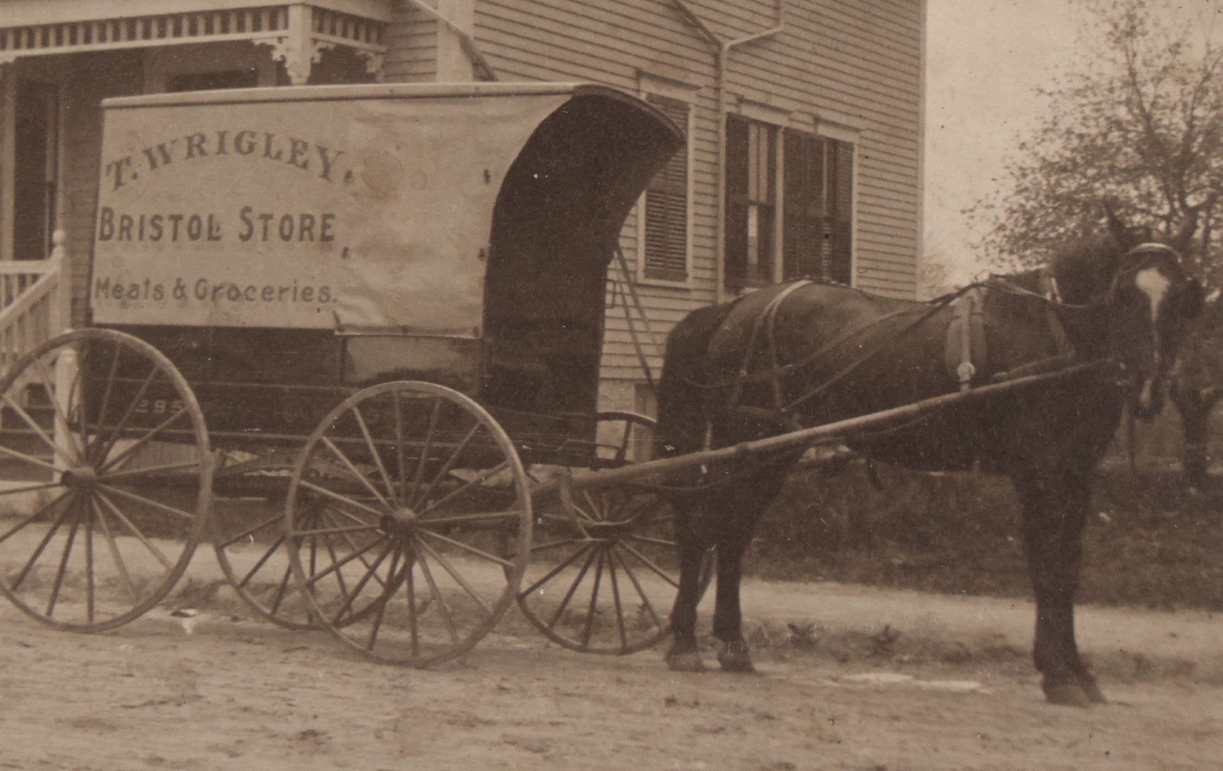 Lot 086 - Antique Boarded Photograph Of Horsedrawn Delivery Wagon Advertising T. Wrigley Bristol Store Meats & Groceries
