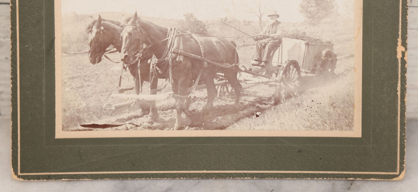 Lot 087 - Antique Boarded Photograph Of Man Identified As Franklin Goss Piloting A Horsedrawn Agricultural Cart On Farm, Identified As Henniker, New Hampshire On Verso, Circa 1900