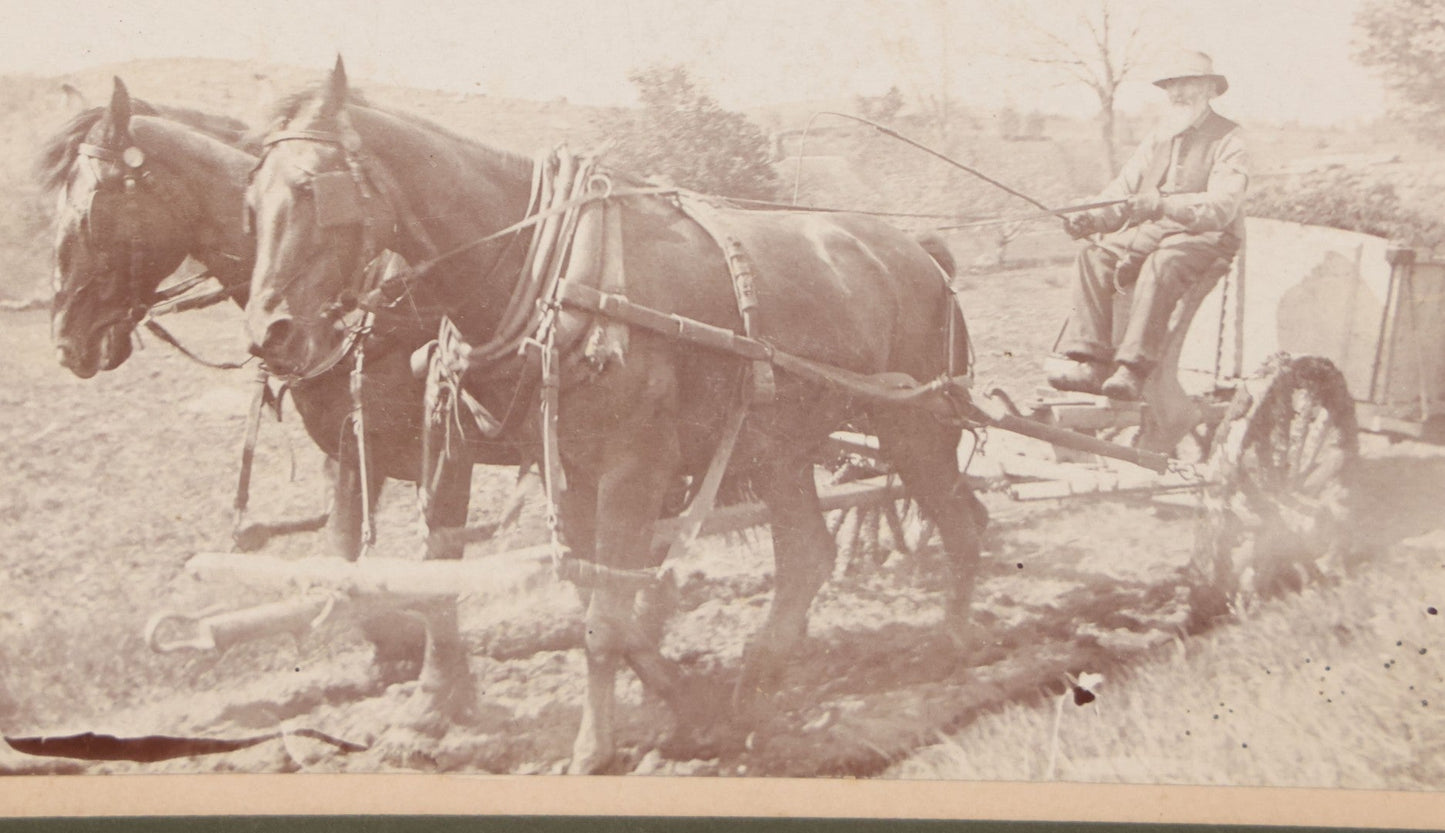 Lot 087 - Antique Boarded Photograph Of Man Identified As Franklin Goss Piloting A Horsedrawn Agricultural Cart On Farm, Identified As Henniker, New Hampshire On Verso, Circa 1900