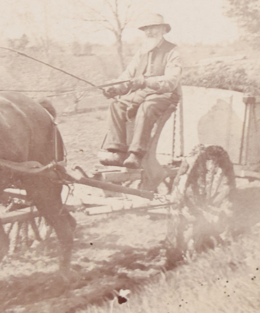 Lot 087 - Antique Boarded Photograph Of Man Identified As Franklin Goss Piloting A Horsedrawn Agricultural Cart On Farm, Identified As Henniker, New Hampshire On Verso, Circa 1900