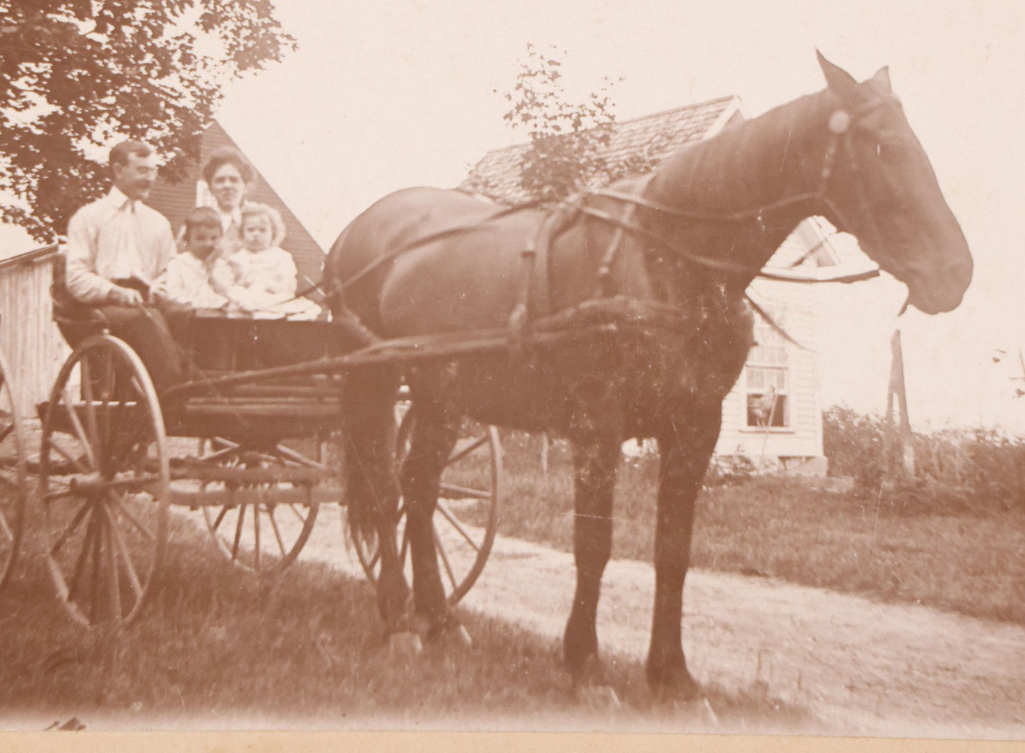 Lot 088 - Antique Boarded Photograph Of Family On Horsedrawn Cart Identified As Herbert & Vivian Eastman And Children Robert Goss & Charles Eastman, Outbuildings Visible In Background