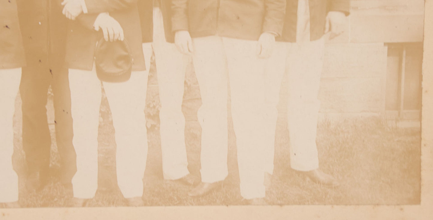 Lot 092 - Antique Boarded Photograph Of Group Of Seven Men In Formal Dress, Likely Military Cadets, Insignia On Collar Says "B.H."