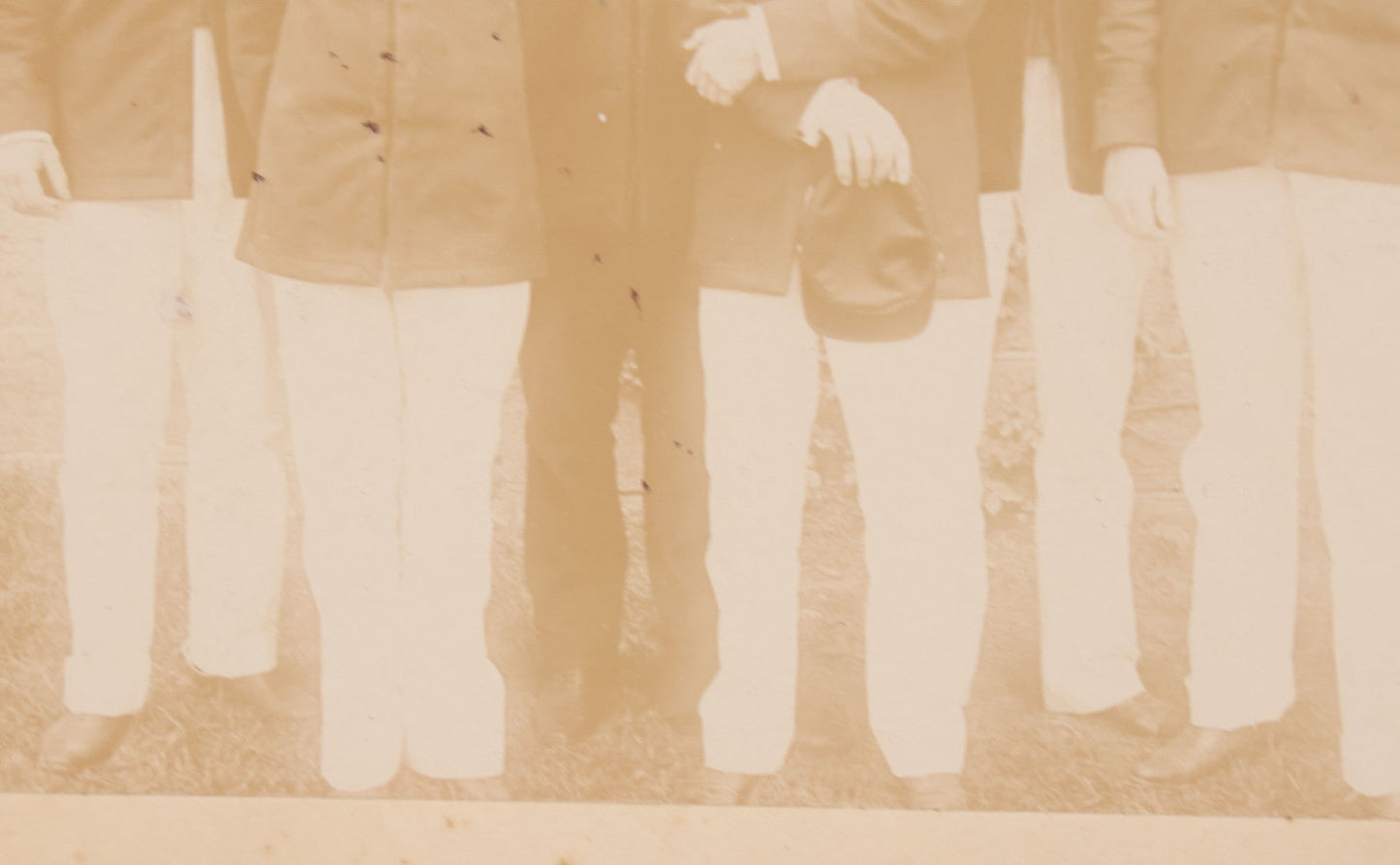 Lot 092 - Antique Boarded Photograph Of Group Of Seven Men In Formal Dress, Likely Military Cadets, Insignia On Collar Says "B.H."
