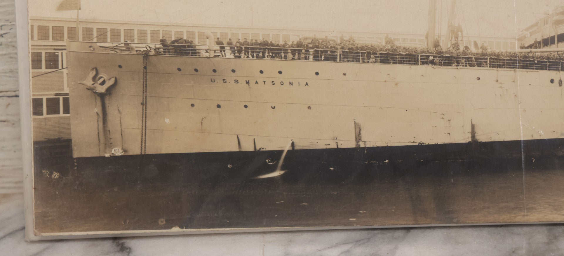 Lot 099 - Vintage Boarded "Yardlong" Photograph Of U.S.S. Matsonia And Her Crew, Holladay Photo, Newport News, Virginia