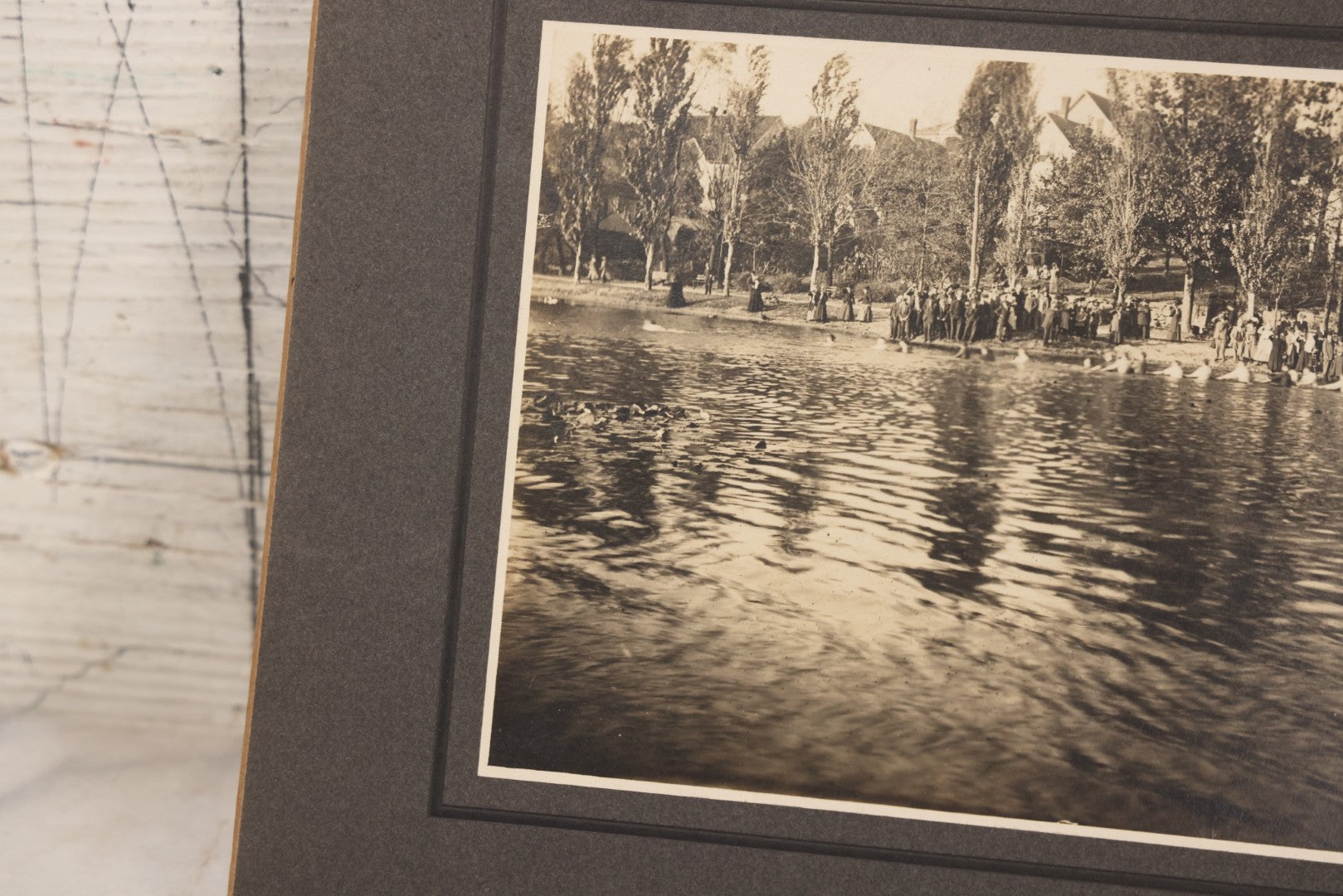Lot 104 - Antique Boarded Photograph Of Outing On Beach With Many Individuals In A Lake, Possibly Playing Tug Of War