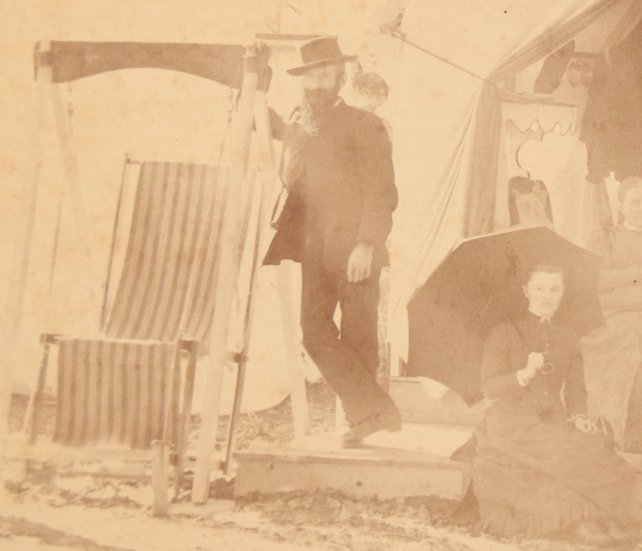 Lot 106 - Antique Boarded Photograph Of Men And Women Posing Outside Tent On Platform In Tent Village