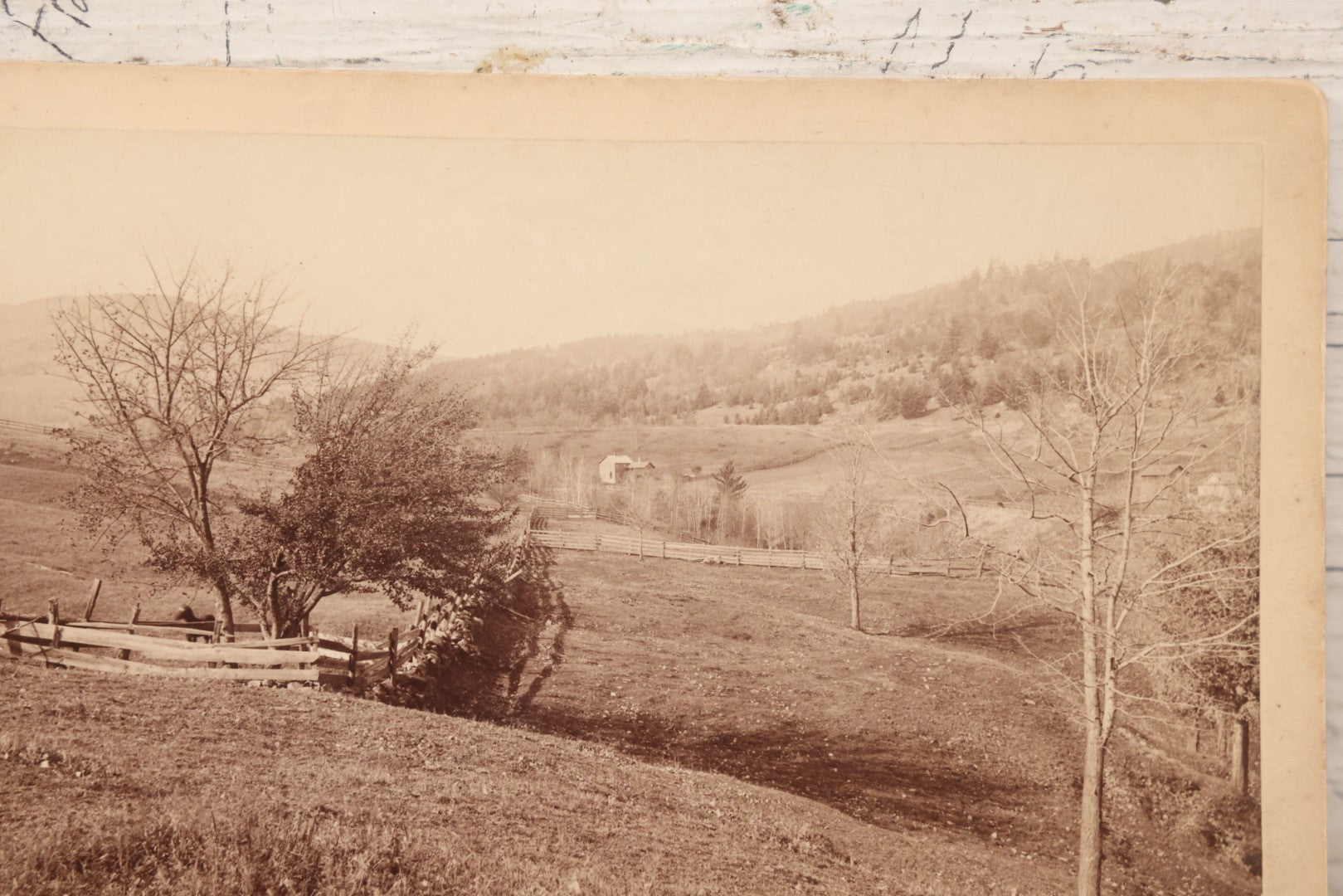 Lot 108 - Antique Boarded Photograph Of Hillside New England Farm With Farmhouse, Barn, Stone Wall, Fence, Horse, And More Visible, J. Brodie Smith, Photographer, Manchester New Hampshire