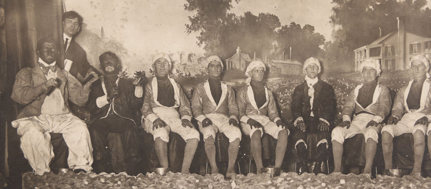 Lot 110 - Antique Boarded Photograph Of Stage Performers In Costume With Painted Backdrop And Drum Set, Music Stands In Foreground