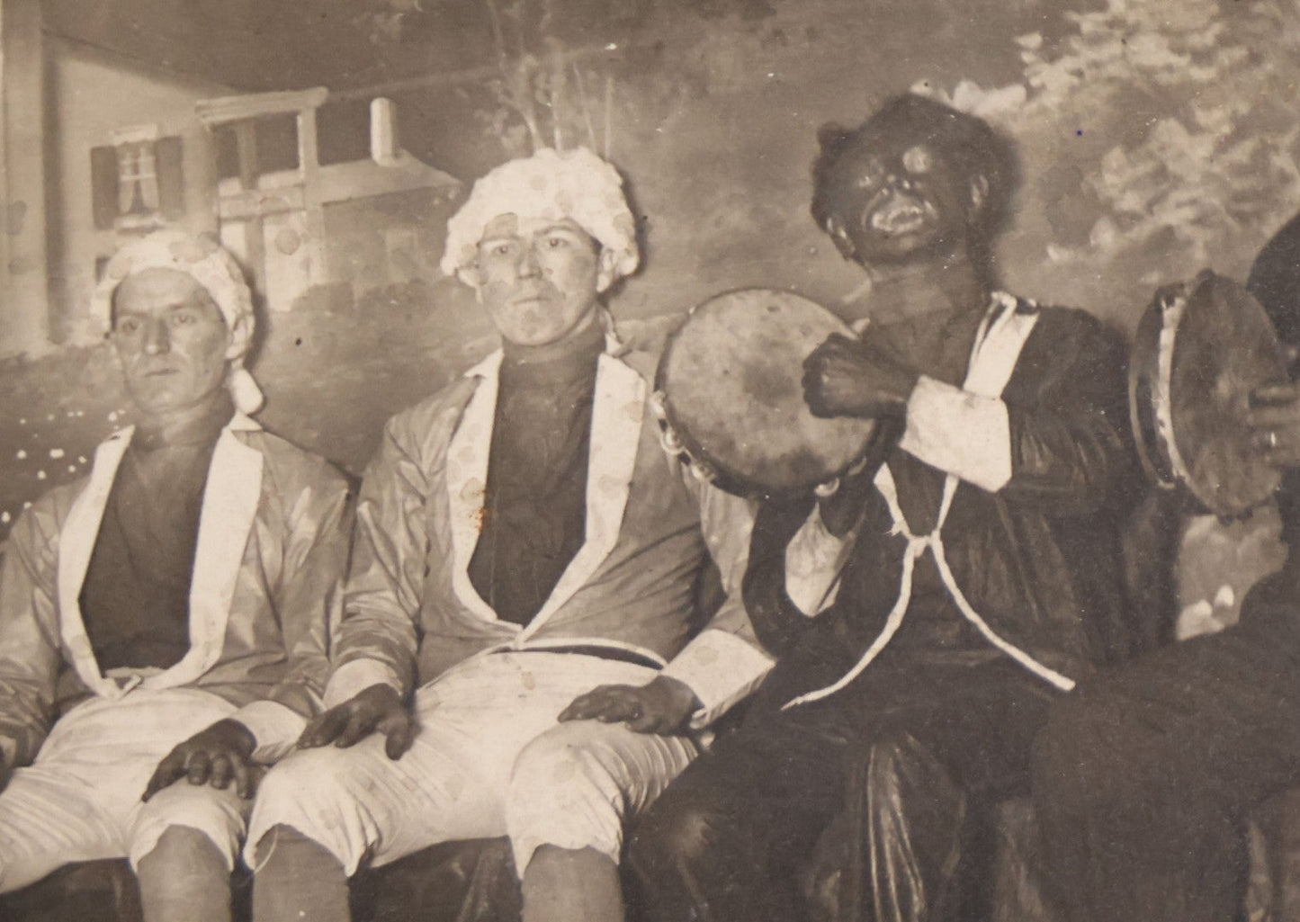 Lot 110 - Antique Boarded Photograph Of Stage Performers In Costume With Painted Backdrop And Drum Set, Music Stands In Foreground