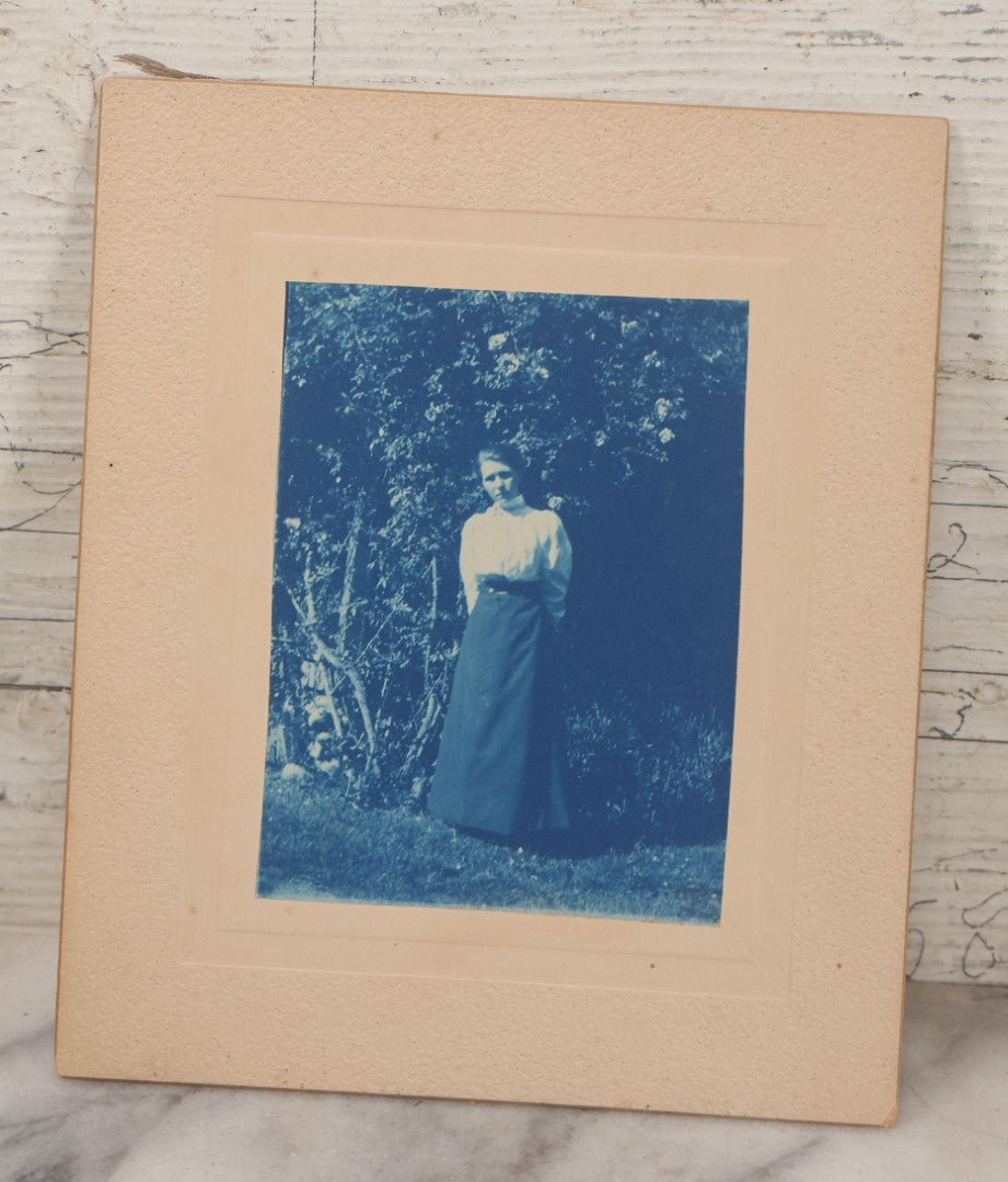 Lot 119 - Pair Of Antique Cyanotype Boarded Photographs Of Alice Esther Stowell, Posing Outside 156 Orange Grove Avenue, Pasadina, California, April 1899, With Detailed Idenfitication on Verso