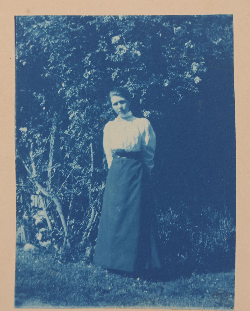 Lot 119 - Pair Of Antique Cyanotype Boarded Photographs Of Alice Esther Stowell, Posing Outside 156 Orange Grove Avenue, Pasadina, California, April 1899, With Detailed Idenfitication on Verso