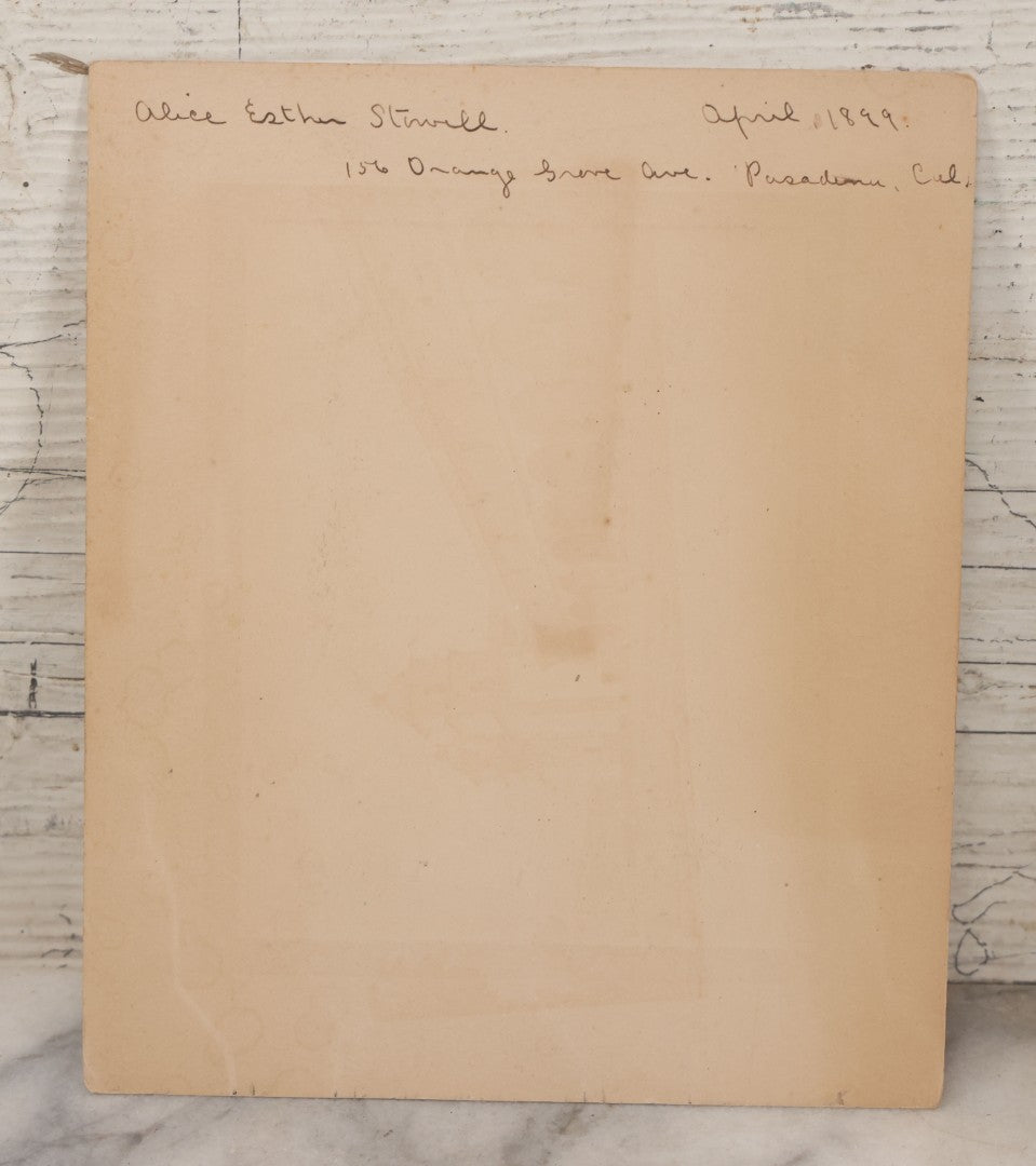 Lot 119 - Pair Of Antique Cyanotype Boarded Photographs Of Alice Esther Stowell, Posing Outside 156 Orange Grove Avenue, Pasadina, California, April 1899, With Detailed Idenfitication on Verso
