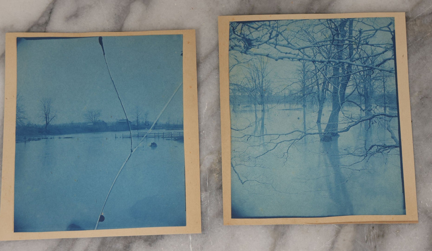 Lot 122 - Grouping Of Twelve Antique Paper Mounted Cyanotype Photographs Of Various Scenes Including Oil Well, Flooding, Canoeing, And Women Posing Outside Of Home