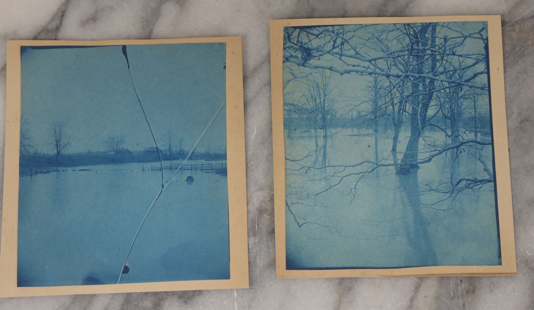 Lot 122 - Grouping Of Twelve Antique Paper Mounted Cyanotype Photographs Of Various Scenes Including Oil Well, Flooding, Canoeing, And Women Posing Outside Of Home