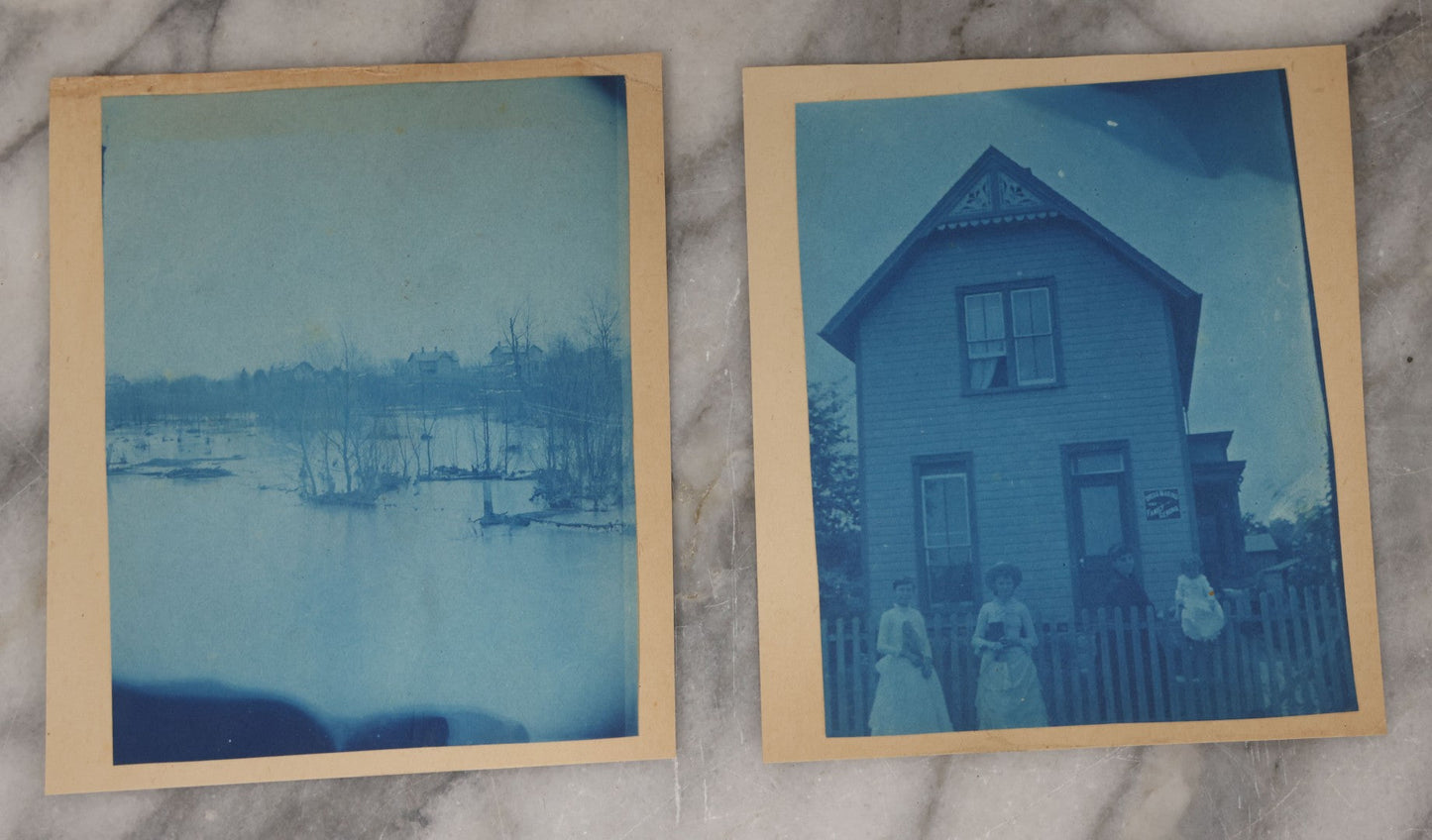 Lot 122 - Grouping Of Twelve Antique Paper Mounted Cyanotype Photographs Of Various Scenes Including Oil Well, Flooding, Canoeing, And Women Posing Outside Of Home