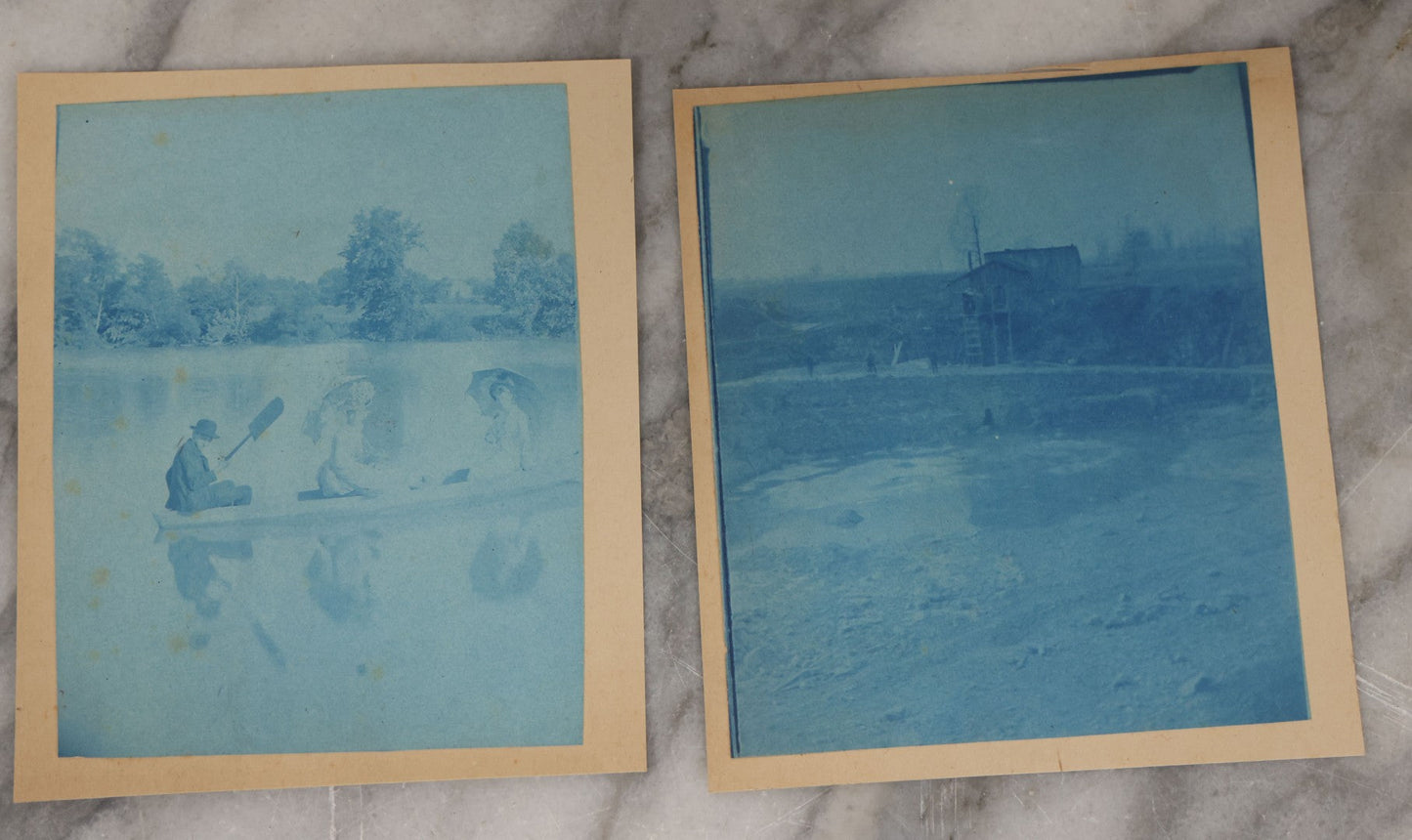 Lot 122 - Grouping Of Twelve Antique Paper Mounted Cyanotype Photographs Of Various Scenes Including Oil Well, Flooding, Canoeing, And Women Posing Outside Of Home