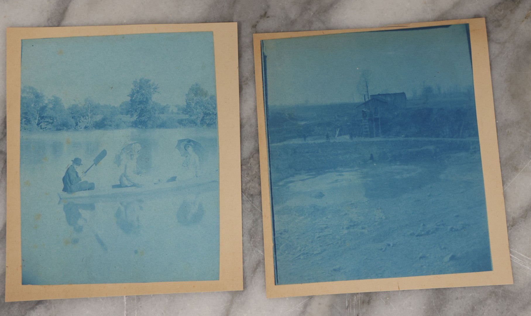 Lot 122 - Grouping Of Twelve Antique Paper Mounted Cyanotype Photographs Of Various Scenes Including Oil Well, Flooding, Canoeing, And Women Posing Outside Of Home