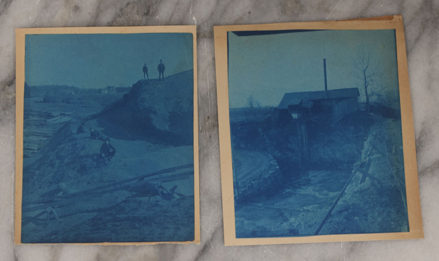 Lot 122 - Grouping Of Twelve Antique Paper Mounted Cyanotype Photographs Of Various Scenes Including Oil Well, Flooding, Canoeing, And Women Posing Outside Of Home