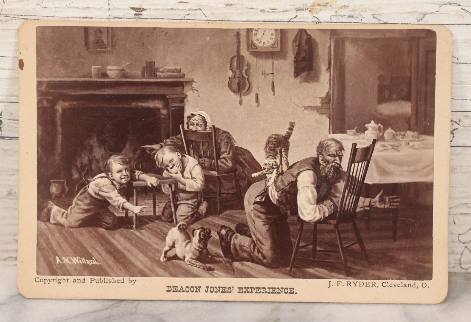 Lot 126 - Pair Of Antique Comic Illustrated Cabinet Card Album Filler Cards Of "Deacon Jones' Experience" And "The Deacon's Revenge," Depicting Chaos With Pets And Children In The Deacon's Home
