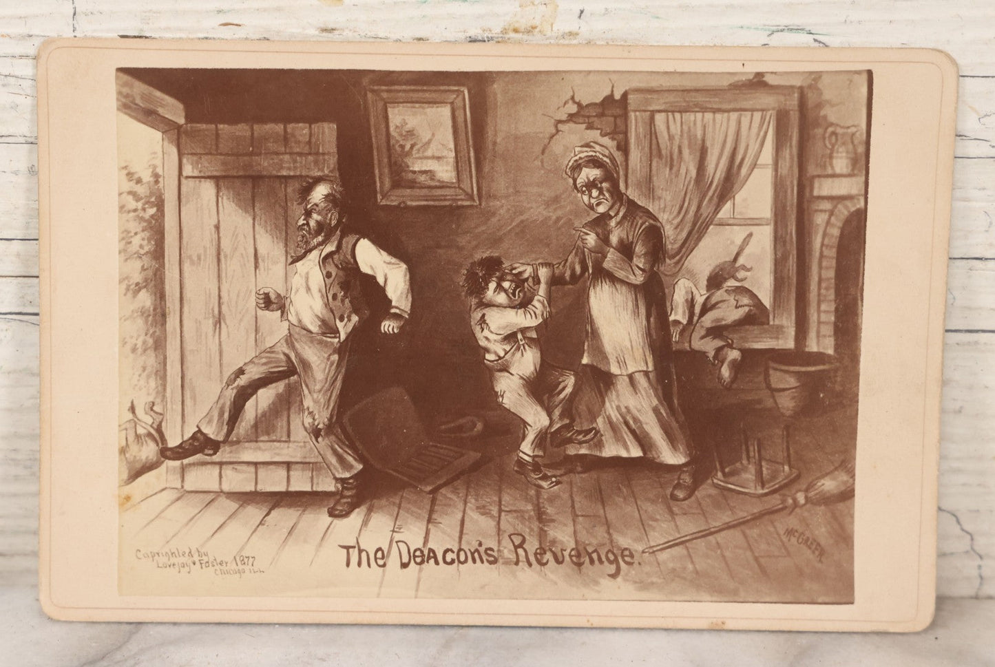 Lot 126 - Pair Of Antique Comic Illustrated Cabinet Card Album Filler Cards Of "Deacon Jones' Experience" And "The Deacon's Revenge," Depicting Chaos With Pets And Children In The Deacon's Home