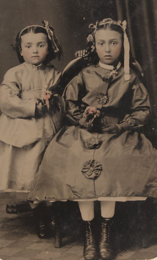 Lot 127 - Single Antique Tintype Photograph Of Two Young Girls In Sunday Best Holding Small Pink Flower Bouquets