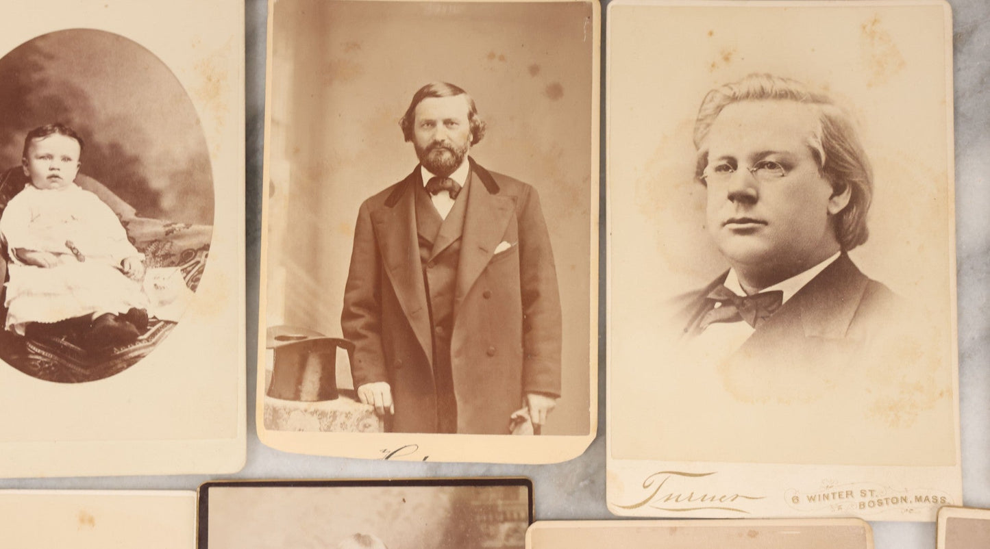 Lot 133 - Grouping Of 18 Antique Cabinet Card Photographs Including Pale Woman With Hand Muff, Friendly Man With Beard, Young Man With Bowler Cap And Swagger Stick, Boy Posing With Crane Table, And More