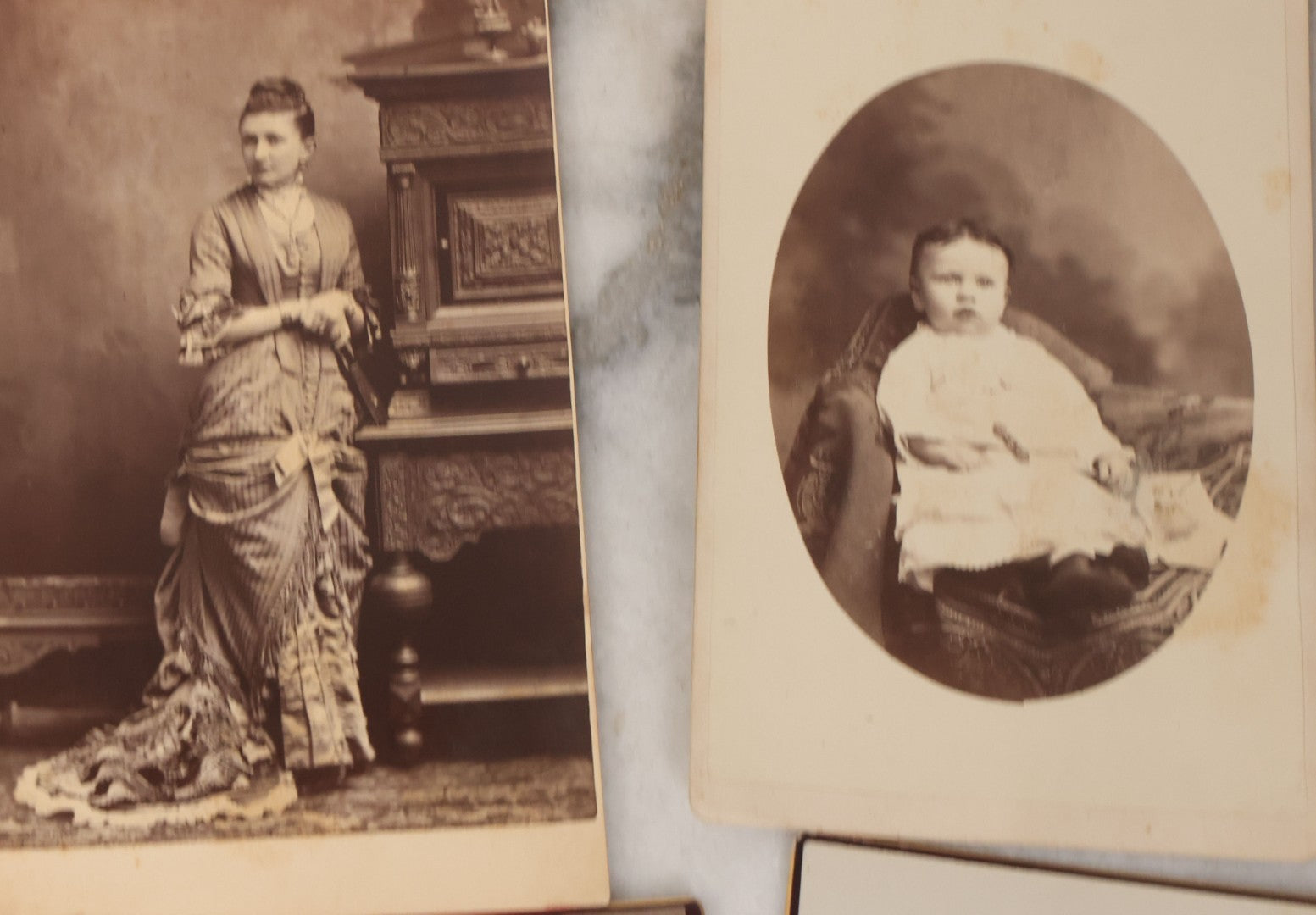 Lot 133 - Grouping Of 18 Antique Cabinet Card Photographs Including Pale Woman With Hand Muff, Friendly Man With Beard, Young Man With Bowler Cap And Swagger Stick, Boy Posing With Crane Table, And More