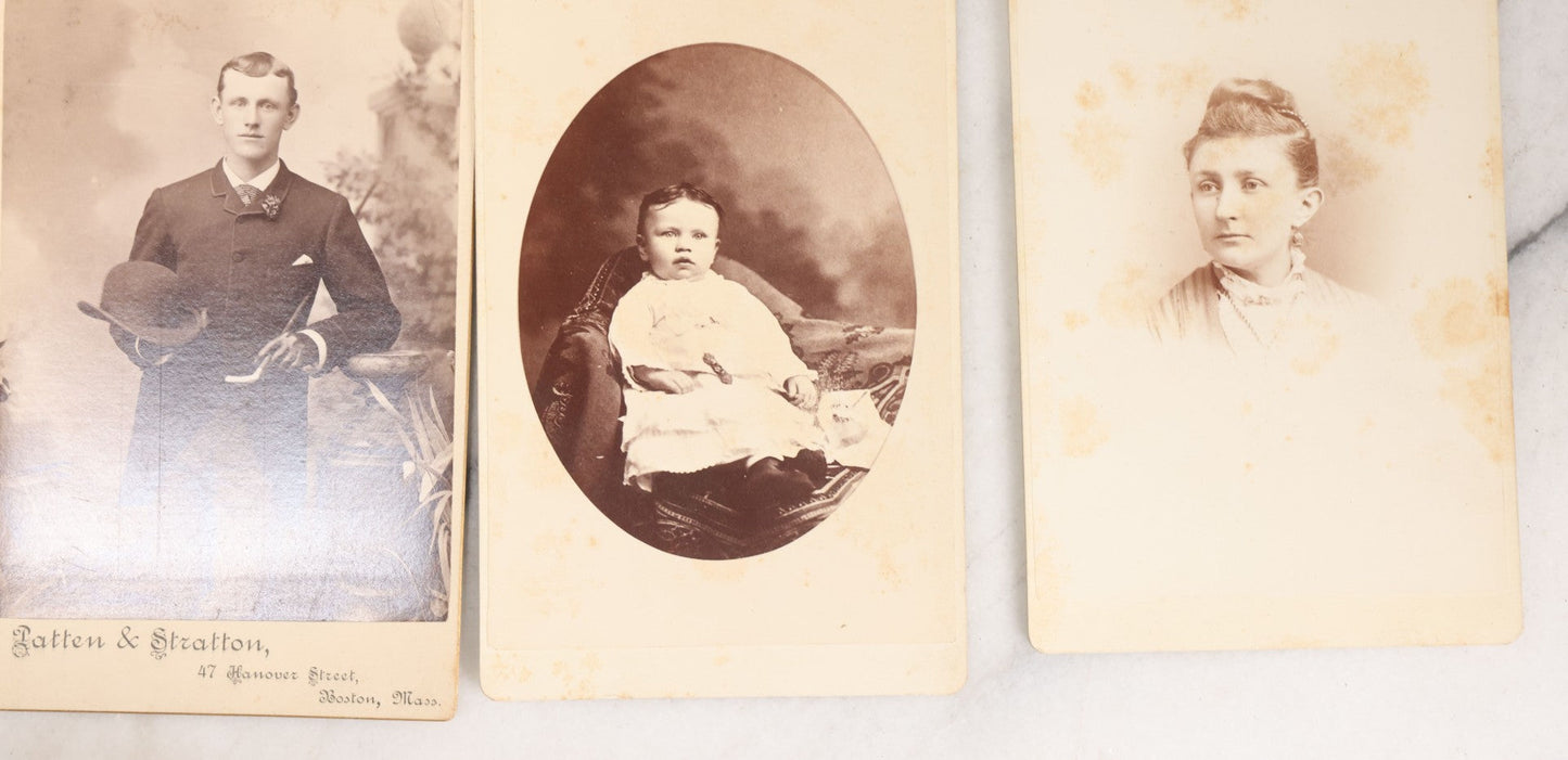 Lot 133 - Grouping Of 18 Antique Cabinet Card Photographs Including Pale Woman With Hand Muff, Friendly Man With Beard, Young Man With Bowler Cap And Swagger Stick, Boy Posing With Crane Table, And More