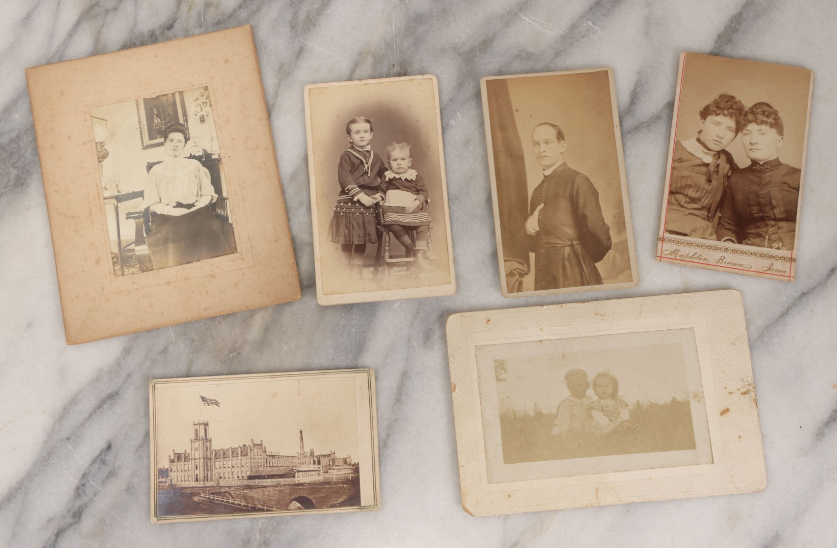 Lot 135 - Grouping Of 50 Antique Boarded Photos, Cabinet Cards, And C.D.V.s, Mostly Portraits, Including Priest, Several Interior Group Photographs, Exterior Photographs, Photos With Automobiles, And Others
