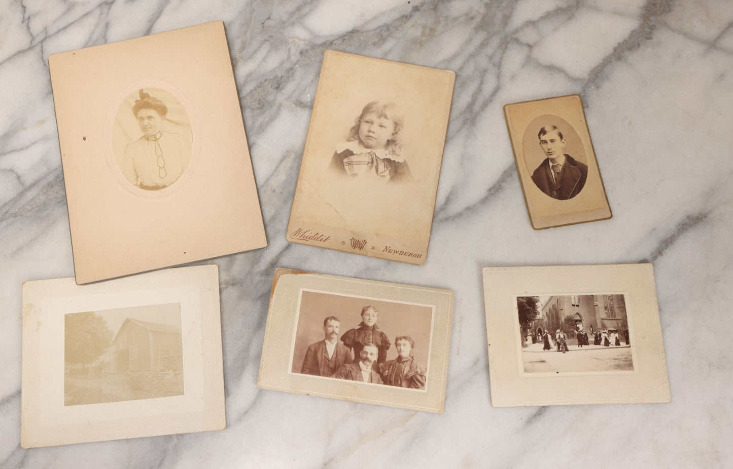 Lot 135 - Grouping Of 50 Antique Boarded Photos, Cabinet Cards, And C.D.V.s, Mostly Portraits, Including Priest, Several Interior Group Photographs, Exterior Photographs, Photos With Automobiles, And Others