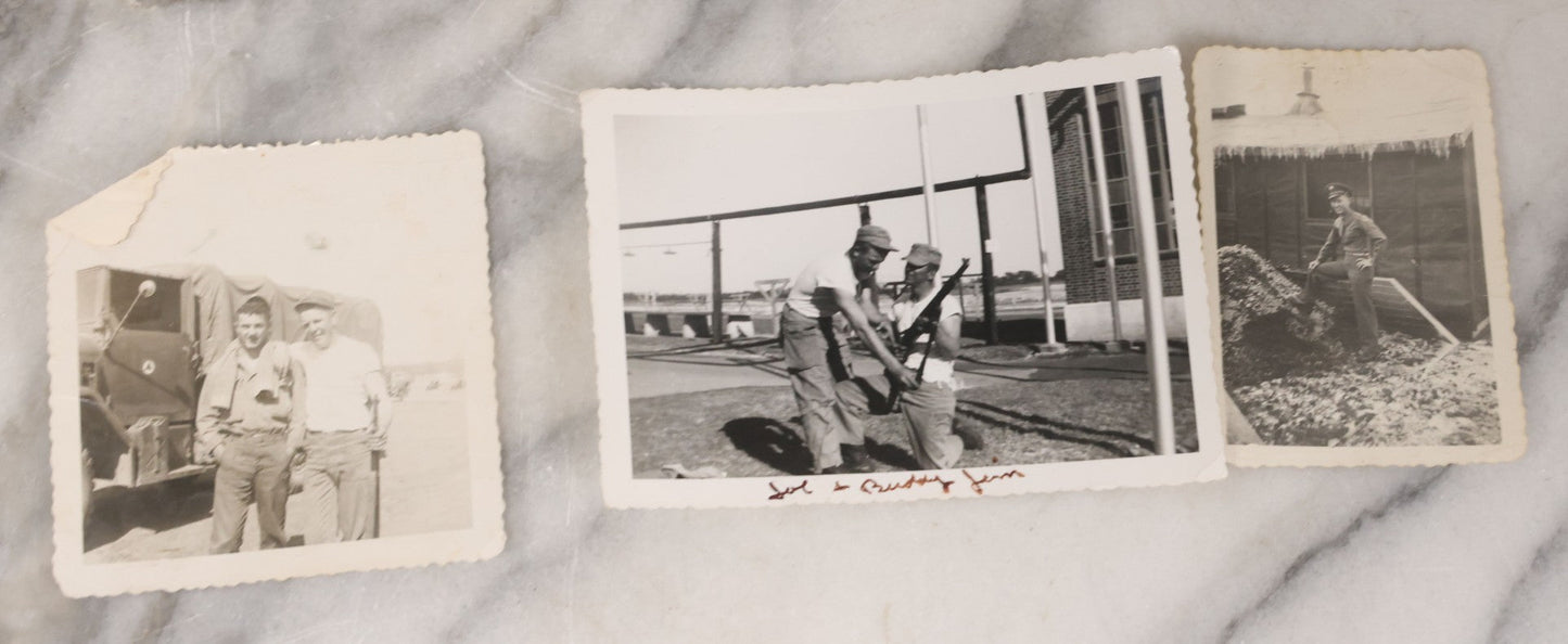 Lot 137 - Grouping Of 16 Post WWII Era Vintage Snapshot Photographs Of Soldiers Posing With Rifles, Goofing Off, And One Of Soldier Kissing His Lady