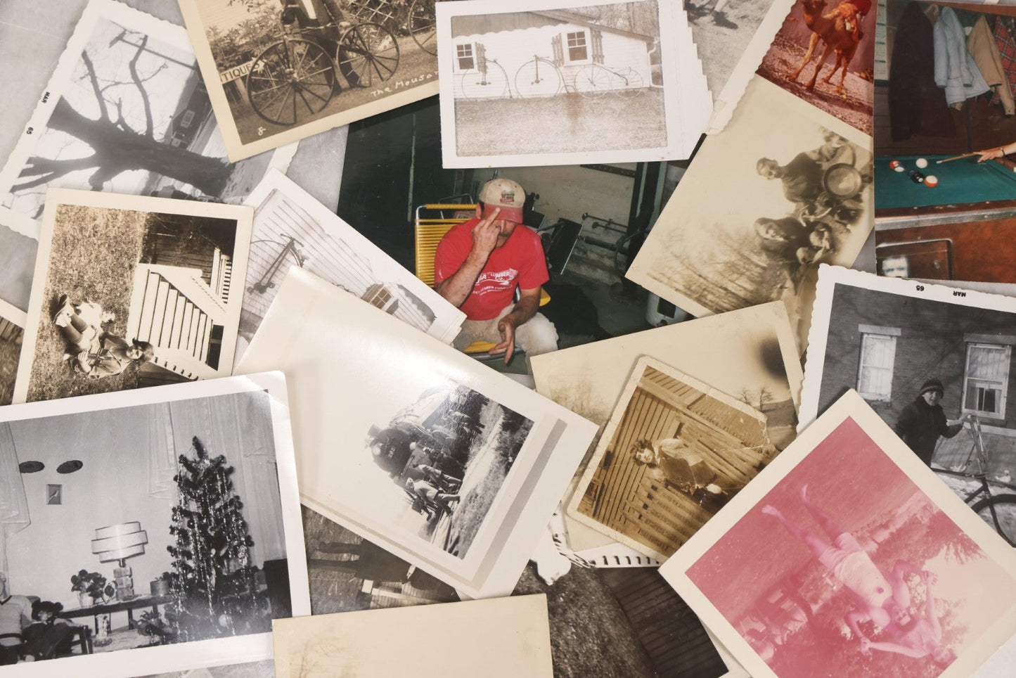 Lot 139 - Grouping Of 25 Vintage Snapshot Vernacular Photographs Including Girls On Motorcycle With Sidecar, Men In Tophats Posing With Bicycles, Man Flipping Off Camera, And More