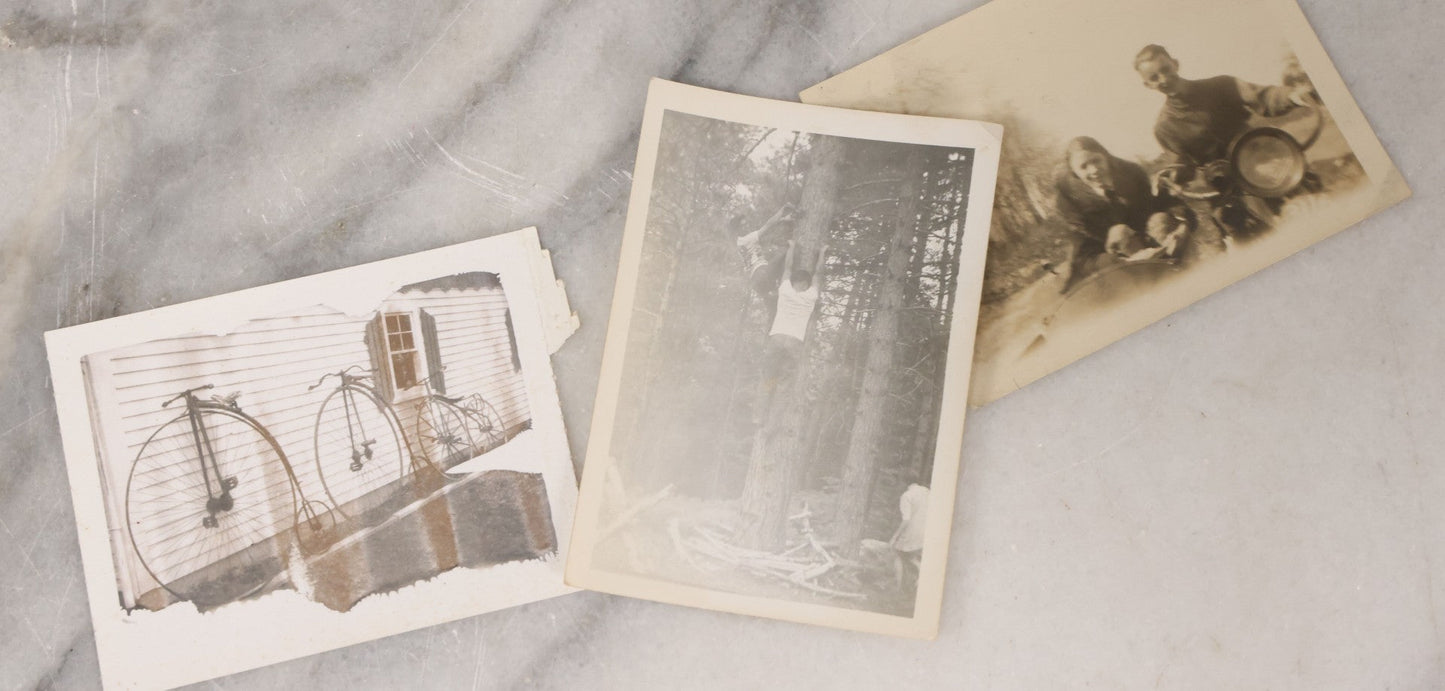 Lot 139 - Grouping Of 25 Vintage Snapshot Vernacular Photographs Including Girls On Motorcycle With Sidecar, Men In Tophats Posing With Bicycles, Man Flipping Off Camera, And More