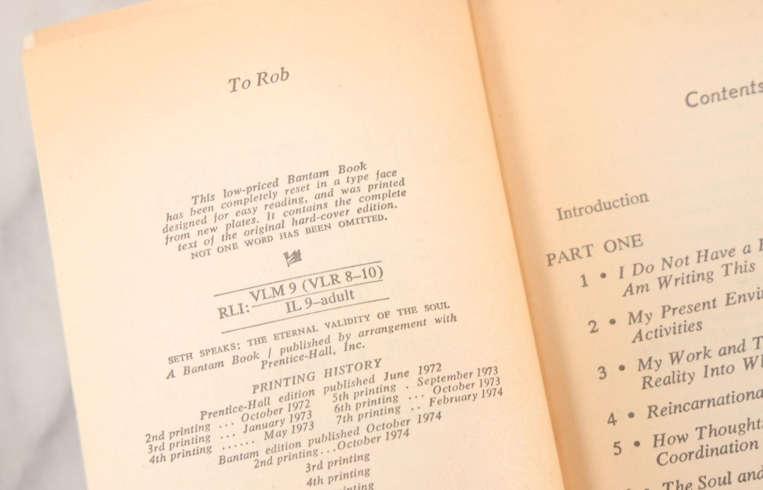 Lot 157 - "Seth Speaks, The Eternal Validity Of The Soul" Vintage Book By Spirit Medium Jane Roberts Via Paranormal Trance Communication With Seth, Illustrated With Photographs, A Bantam Book, 1972
