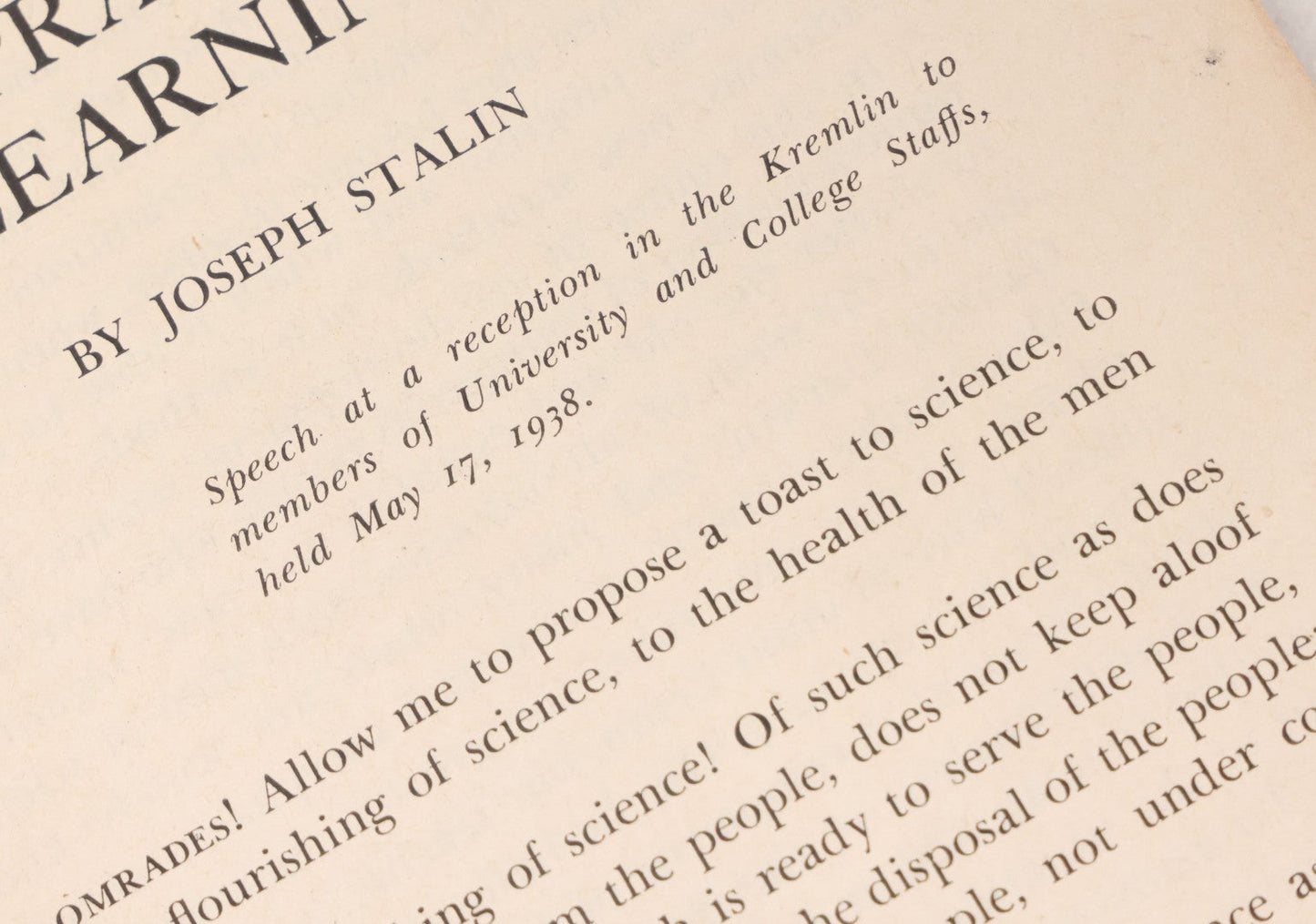 Lot 158 - "In Praise Of Learning" Vintage Booklet By Joseph Stalin And V.M. Molotov, Copyright 1938, By International Publishers Co., Inc., Union Printed In The U.S.A., Note Front And Back Covers Detached