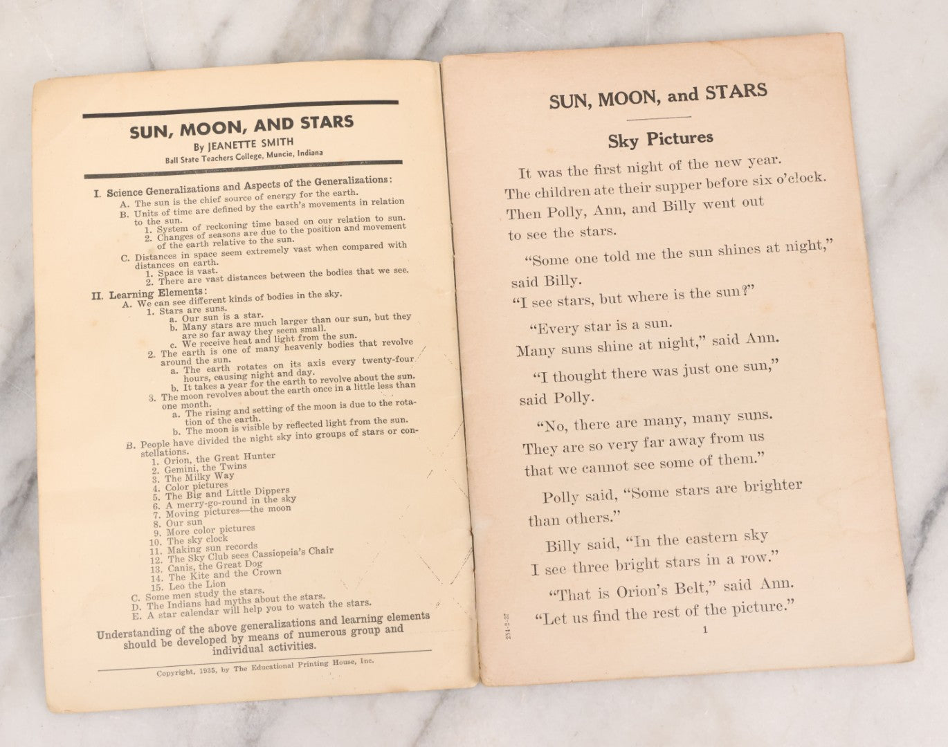 Lot 160 - "Sun Moon And Stars" Vintage Unit Study Booklet No. 254 By Jeanette Smith, Copyright 1935, By The Educational Printing House, Inc. With Illustrations Of Constellations, Moon And More