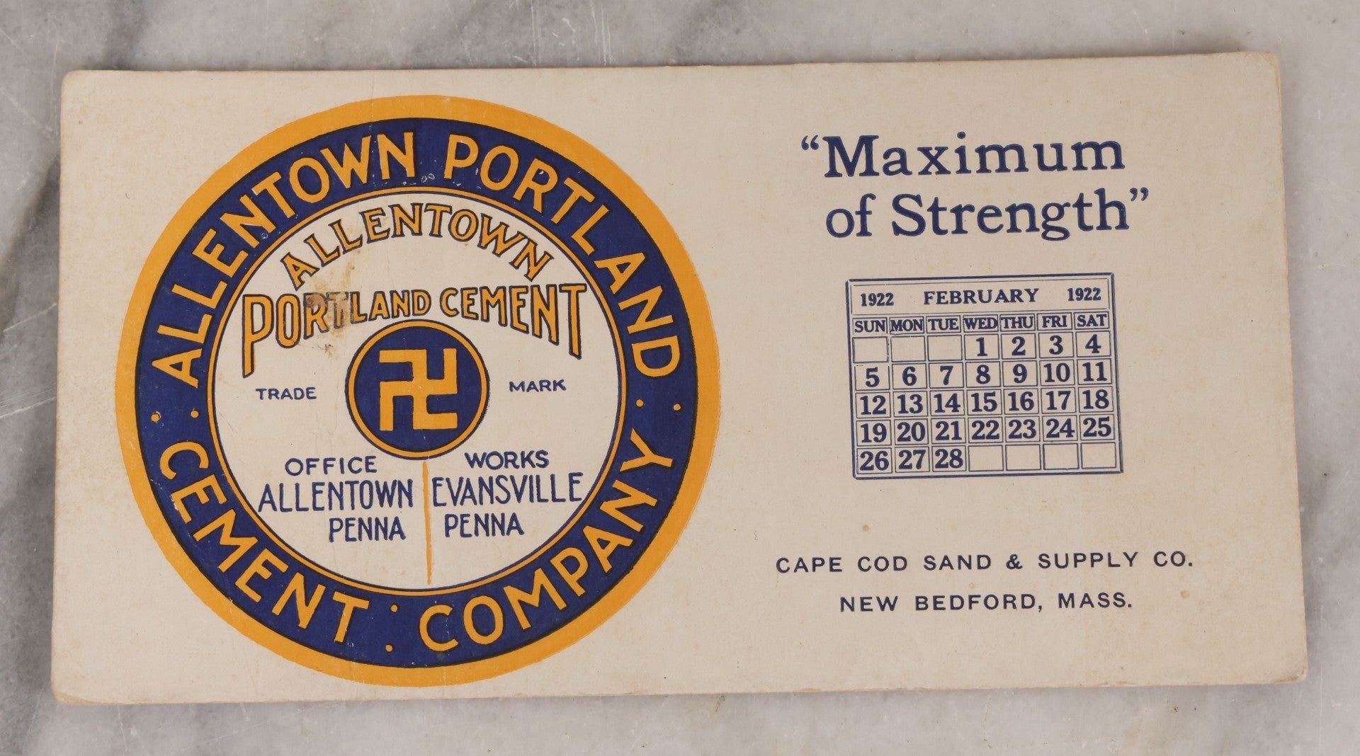 Lot 161 - Pair Of Vintage Advertising Blotters Including Allentown Portland Cement Company, 1922, With Whirling Logs Motif, And James T. Almy, Optomotrist, New Bedford, Massachusetts, 1929