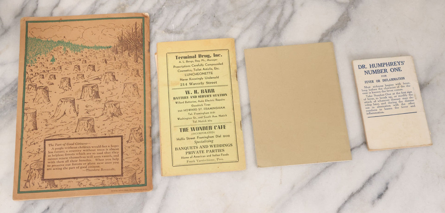 Lot 162 - Grouping Of Four Vintage And Antique Booklets Including Humphrey's Manual Medical Advertising Booklet, Army Song Book, The Forestry Primer For 1926, And Framingham Massachusetts Street Guide, 1942