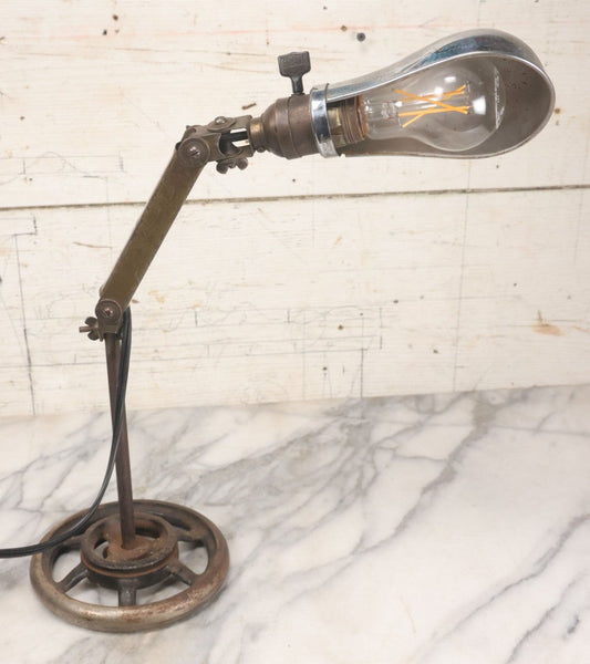 Lot 014 - Vintage Make-Do Industrial Posable Shop Lamp Fashioned From Spare Parts, Working Condition