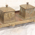 Lot 016 - Antique Arts And Crafts Art Deco Brass And Copper Double Inkwell With Hinged Lids, One Glass Insert, And Natural Patina