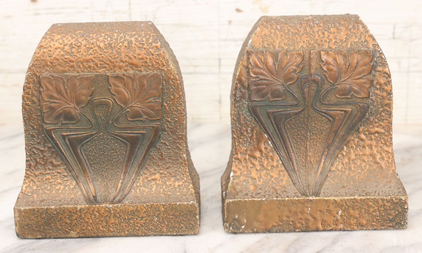 Lot 017 - Pair Of Antique Art And Crafts Art Nouveau Plaster Bookends With Leaf Design, Patinated Bronze Paint And Felt Bottom And Backing 