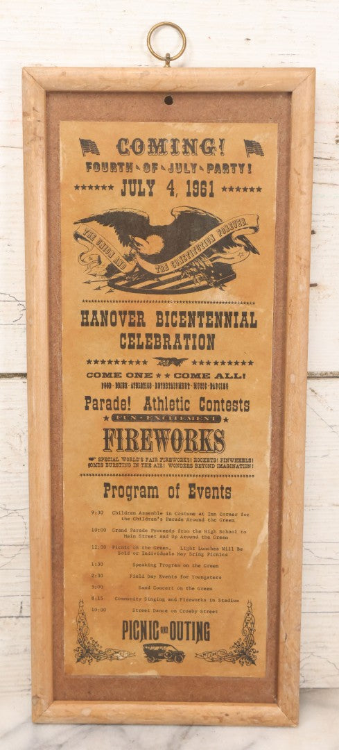Lot 025 - Vintage Masonite Mounted Flyer Advertisement For The Fourth Of July Party And Hanover New Hampshire Bicentennial Celebration Parade And Fireworks, July 4, 1961, Includes Program Of Events For Picnic And Outing, Patriotic Motifs, In Frame