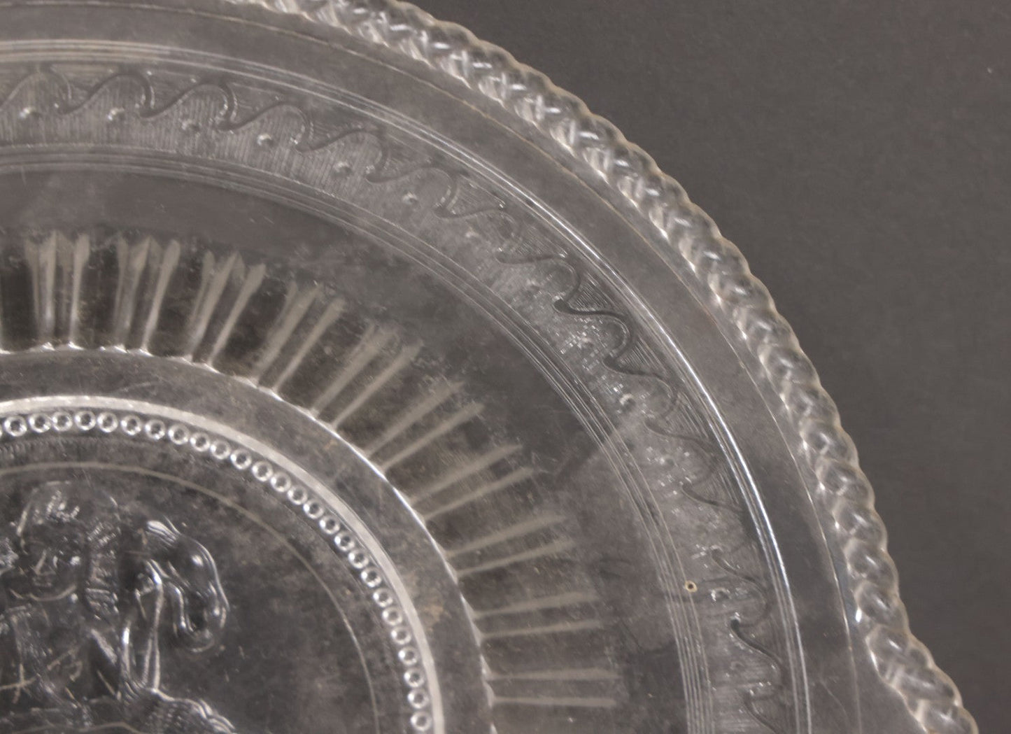 Lot 030 - Antique Early American Pattern Glass E.A.P.G. Cupid And Venus Plate Platter By Richards & Hartley Glass Company, Circa 1880