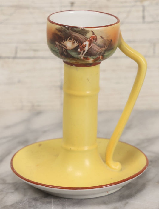 Lot 038 - Antique Yellow Painted Candlestick With Hunting Dogs Attacking Swimming Moose Motif, Manufactured By Royal Bayreuth, Bavaria, 5-3/8" Height