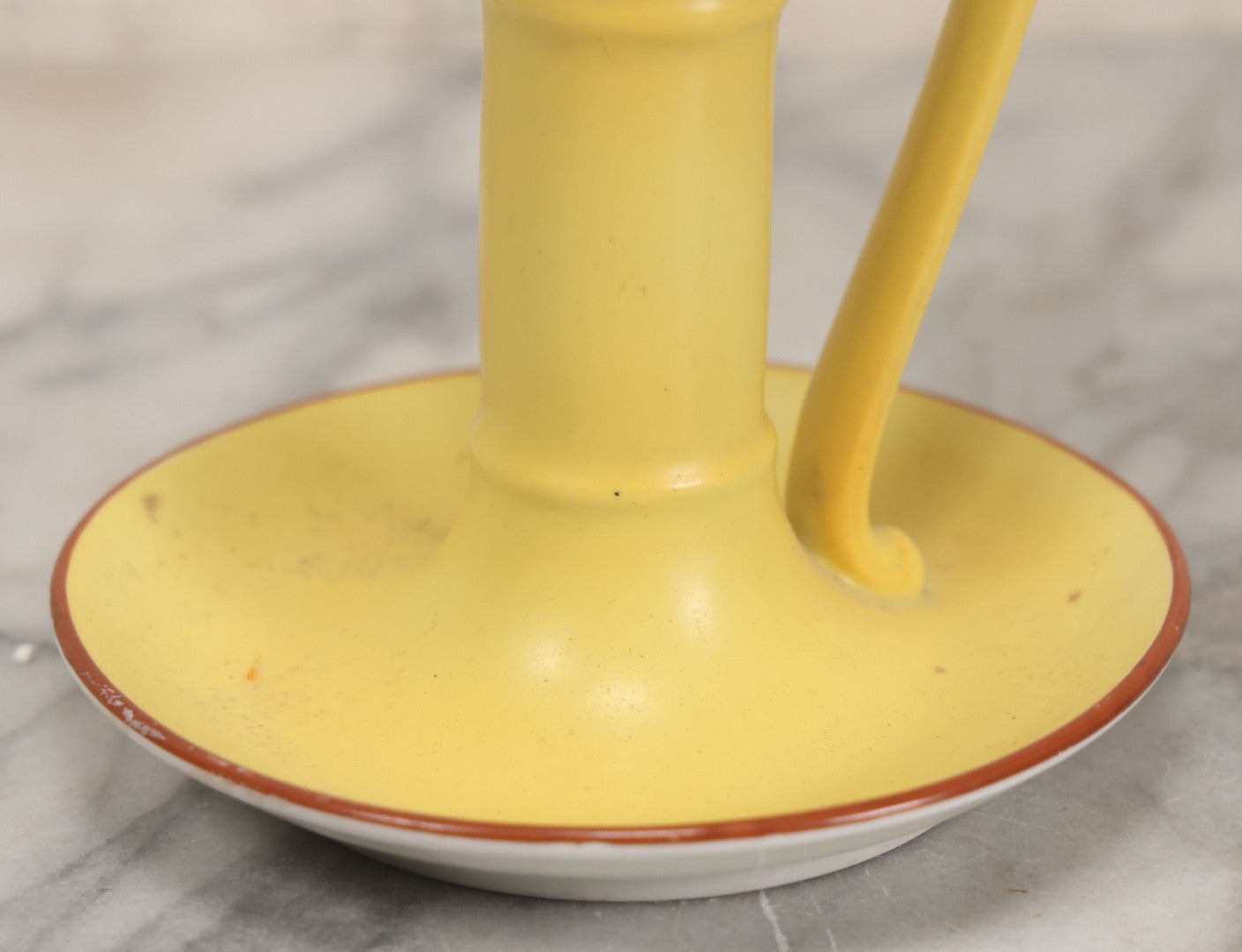 Lot 038 - Antique Yellow Painted Candlestick With Hunting Dogs Attacking Swimming Moose Motif, Manufactured By Royal Bayreuth, Bavaria, 5-3/8" Height