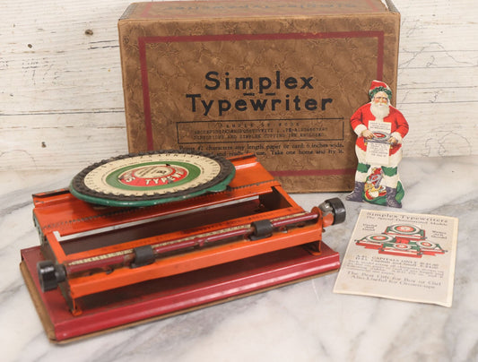 Lot 052 - Antique Tin Lithograph Simplex Typewriter Special Demonstrated Model B In Original Box With "Special Consignment Models" Paperwork And Christmas Santa Claus Trade Scrap, Manufactured By Simplex Typewriter Co. Inc., New York